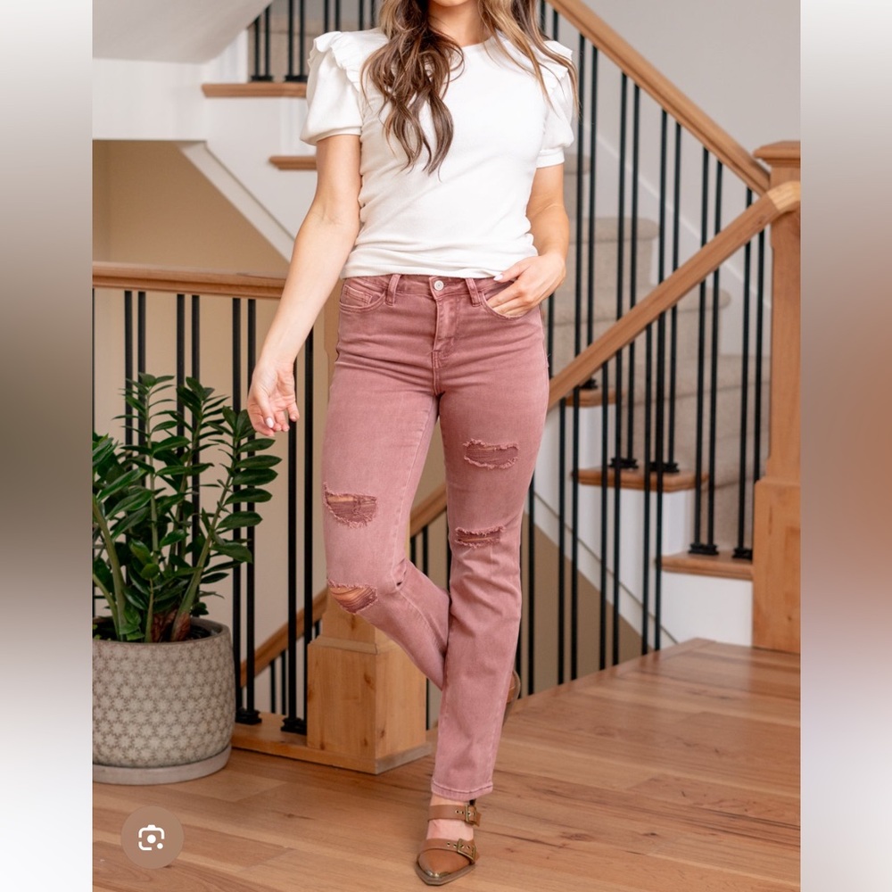 Vervet by Flying Monkey T5586 High Rise Burgundy Distressed Bootcut Jeans SZ 28